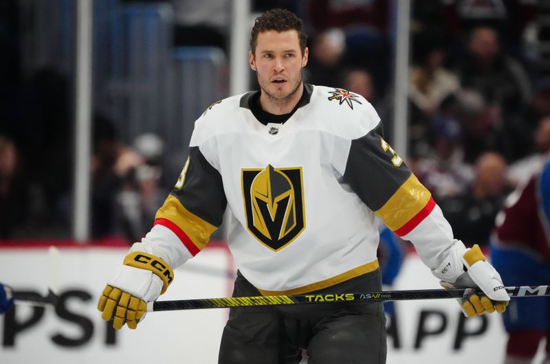 Jan 10, 2024; Denver, Colorado, USA; Vegas Golden Knights defenseman Brayden McNabb (3) before the game against the Colorado Avalanche at Ball Arena. Mandatory Credit: Ron Chenoy-USA TODAY Sports