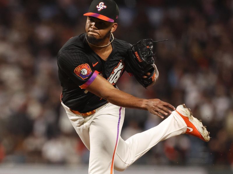 Jun 3, 2025; San Francisco, California, USA;  San Francisco Giants relief pitcher Camilo Doval (75) pitches the ball against the San Diego Padres during the ninth inning at Oracle Park. Mandatory Credit: Kelley L Cox-Imagn Images