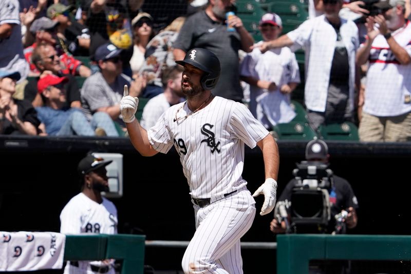 Jun 9, 2024; Chicago, Illinois, USA; Chicago White Sox shortstop Paul DeJong (29) runs the bases after hitting a three-run home run against the Boston Red Sox during the fourth inning at Guaranteed Rate Field. Mandatory Credit: David Banks-USA TODAY Sports