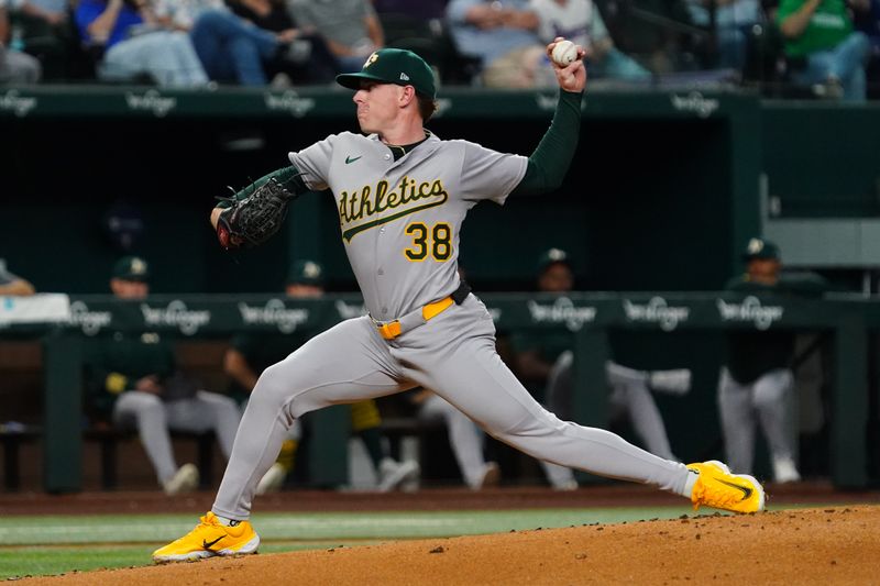 Apr 28, 2025; Arlington, Texas, USA; Athletics starting pitcher JP Sears (38) throws to the plate during the first inning against the Texas Rangers at Globe Life Field. Mandatory Credit: Raymond Carlin III-Imagn Images