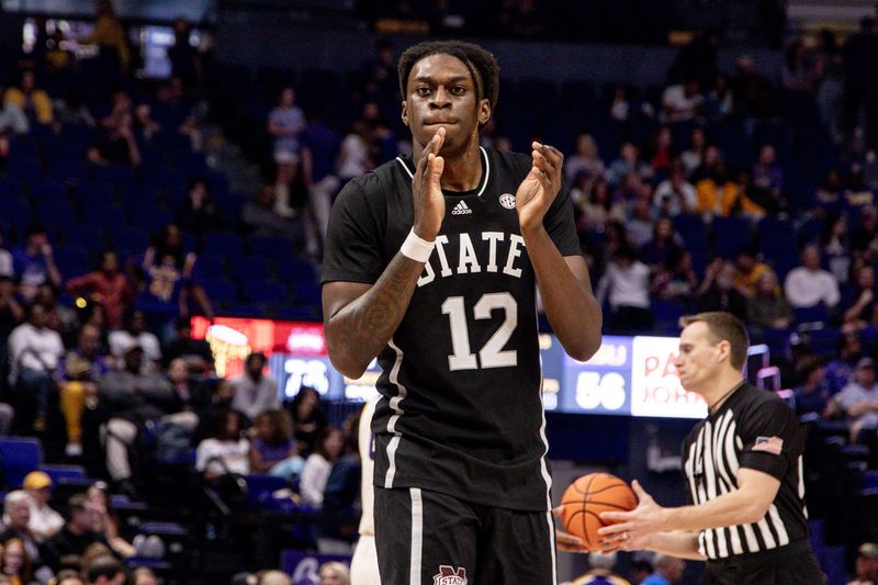 Feb 24, 2024; Baton Rouge, Louisiana, USA; Mississippi State Bulldogs forward KeShawn Murphy (12) reacts after a play during the second half at Pete Maravich Assembly Center. Mandatory Credit: Stephen Lew-USA TODAY Sports