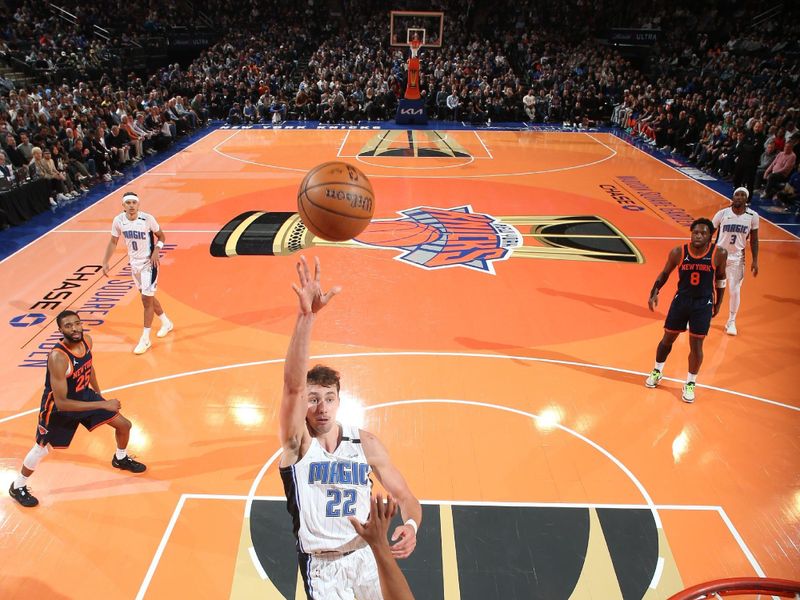 NEW YORK, NY - DECEMBER 3: Franz Wagner #22 of the Orlando Magic drives to the basket during the game against the New York Knicks during the Emirates NBA Cup on December 3, 2024 at Madison Square Garden in New York City, New York.  NOTE TO USER: User expressly acknowledges and agrees that, by downloading and or using this photograph, User is consenting to the terms and conditions of the Getty Images License Agreement. Mandatory Copyright Notice: Copyright 2024 NBAE  (Photo by Nathaniel S. Butler/NBAE via Getty Images)