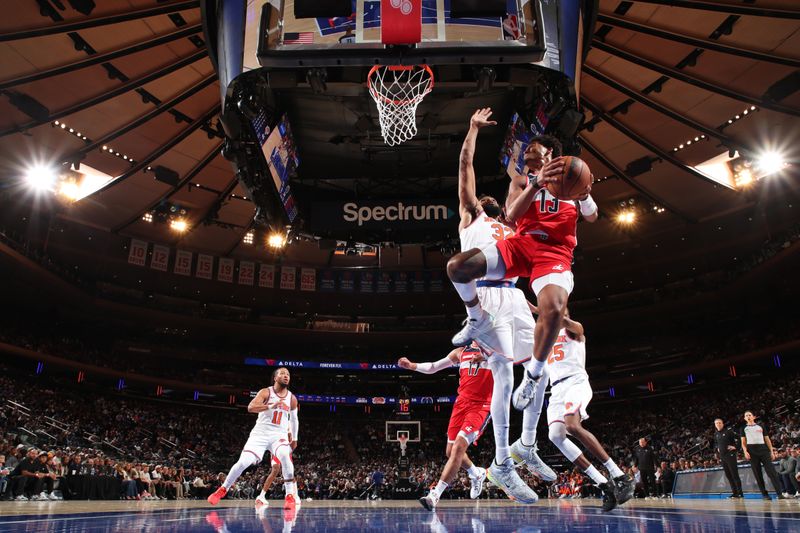 NEW YORK, NY - OCTOBER 9: Jordan Poole #13 of the Washington Wizards drives to the basket during the game against the New York Knicks during the 2024 NBA Preseason on October 9, 2024 at Madison Square Garden in New York City, New York.  NOTE TO USER: User expressly acknowledges and agrees that, by downloading and or using this photograph, User is consenting to the terms and conditions of the Getty Images License Agreement. Mandatory Copyright Notice: Copyright 2024 NBAE  (Photo by Nathaniel S. Butler/NBAE via Getty Images)