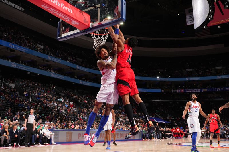 PHILADELPHIA, PA - FEBRUARY 11:  Scottie Barnes #4 of the Toronto Raptors dunks the ball during the game against the Philadelphia 76ers on February 11, 2025 at the Wells Fargo Center in Philadelphia, Pennsylvania NOTE TO USER: User expressly acknowledges and agrees that, by downloading and/or using this Photograph, user is consenting to the terms and conditions of the Getty Images License Agreement. Mandatory Copyright Notice: Copyright 2025 NBAE (Photo by Jesse D. Garrabrant/NBAE via Getty Images)