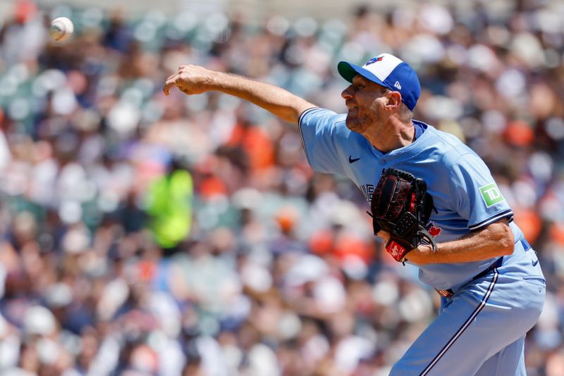 Jul 27, 2025; Detroit, Michigan, USA;  Toronto Blue Jays pitcher Max Scherzer (31) pitches in the first inning against the Detroit Tigers at Comerica Park. Mandatory Credit: Rick Osentoski-Imagn Images