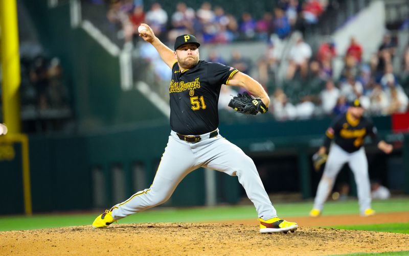 Aug 20, 2024; Arlington, Texas, USA; Pittsburgh Pirates relief pitcher David Bednar (51) throws during the ninth inning against the Texas Rangers at Globe Life Field. Mandatory Credit: Kevin Jairaj-USA TODAY Sports