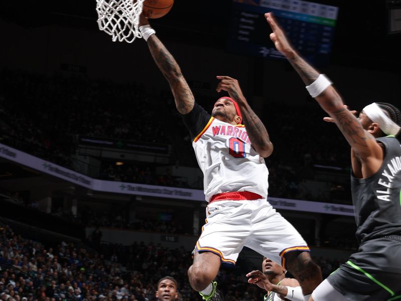 MINNEAPOLIS, MN -  JANUARY 15: Gary Payton II #0 of the Golden State Warriors drives to the basket during the game against the Minnesota Timberwolves on January 15, 2025 at Target Center in Minneapolis, Minnesota. NOTE TO USER: User expressly acknowledges and agrees that, by downloading and or using this Photograph, user is consenting to the terms and conditions of the Getty Images License Agreement. Mandatory Copyright Notice: Copyright 2025 NBAE (Photo by David Sherman/NBAE via Getty Images)