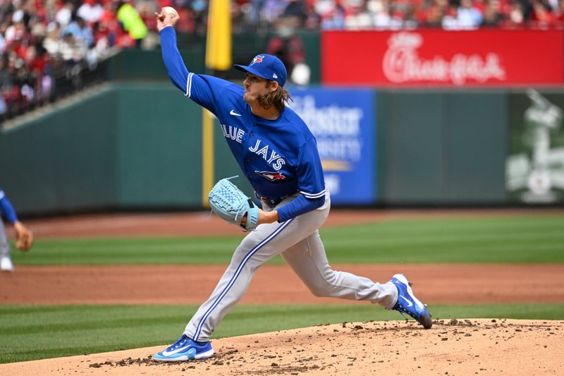 Apr 1, 2023; St. Louis, Missouri, USA; Toronto Blue Jays starting pitcher Kevin Gausman (34) pitches against the St. Louis Cardinals in the first inning at Busch Stadium. Mandatory Credit: Joe Puetz-USA TODAY Sports