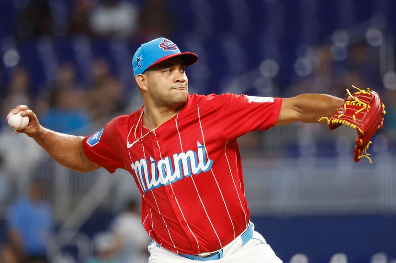 Jul 6, 2024; Miami, Florida, USA;  Miami Marlins starting pitcher Yonny Chirinos (26) pitches against the White Sox during the first inning at loanDepot Park. Mandatory Credit: Rhona Wise-USA TODAY Sports