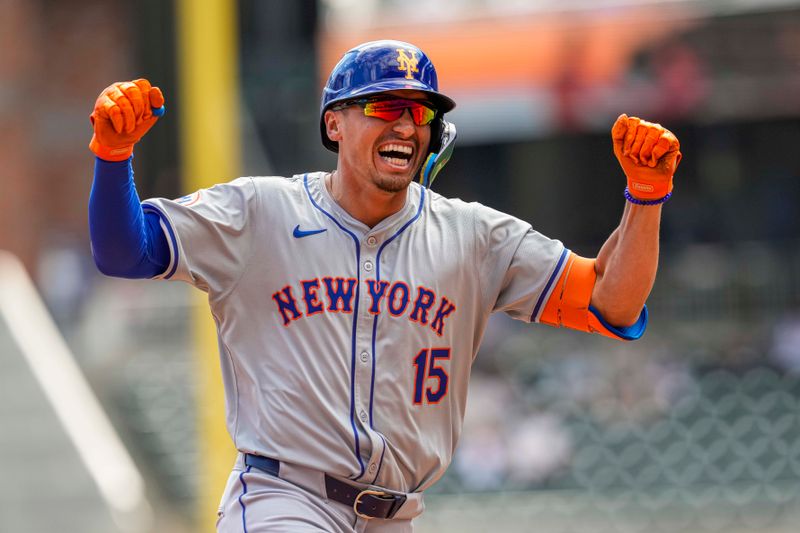 Apr 11, 2024; Cumberland, Georgia, USA; New York Mets pinch hitter Tyrone Taylor (15) reacts after hitting a grand slam home run against the Atlanta Braves during the ninth inning at Truist Park. Mandatory Credit: Dale Zanine-USA TODAY Sports