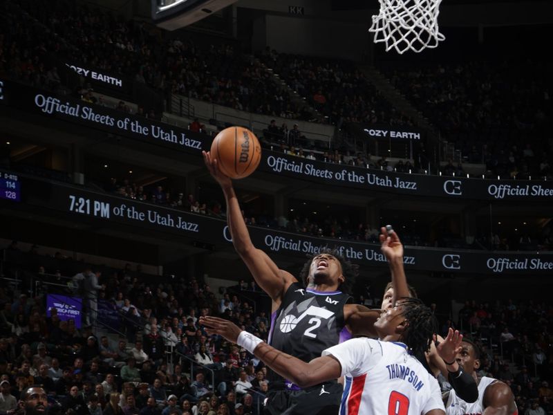 SALT LAKE CITY, UT - MARCH 3:  Collin Sexton #2 of the Utah Jazz shoots the ball during the game against the Detroit Pistons on March 3, 2025 at Delta Center in Salt Lake City, Utah. NOTE TO USER: User expressly acknowledges and agrees that, by downloading and or using this Photograph, User is consenting to the terms and conditions of the Getty Images License Agreement. Mandatory Copyright Notice: Copyright 2025 NBAE (Photo by Melissa Majchrzak/NBAE via Getty Images)