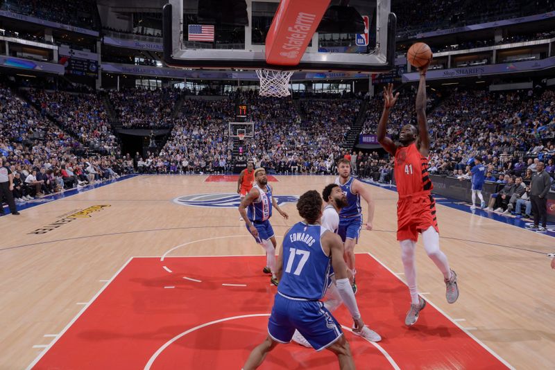 SACRAMENTO, CA - APRIL 14:  Ibou Badji #41 of the Portland Trail Blazers goes to the basket during the game on April 14, 2024 at Golden 1 Center in Sacramento, California. NOTE TO USER: User expressly acknowledges and agrees that, by downloading and or using this Photograph, user is consenting to the terms and conditions of the Getty Images License Agreement. Mandatory Copyright Notice: Copyright 2024 NBAE (Photo by Rocky Widner/NBAE via Getty Images)