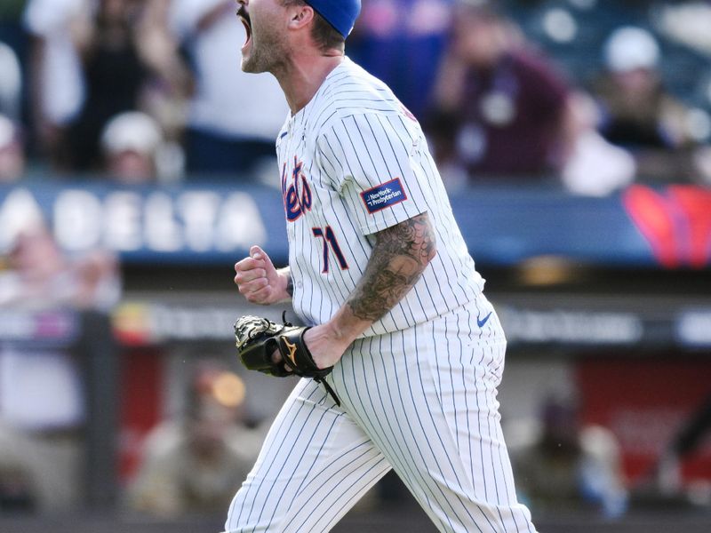 Jun 16, 2024; New York City, New York, USA; New York Mets pitcher Sean Reid-Foley (71) reacts after the game final out against the San Diego Padres at Citi Field. Mandatory Credit: John Jones-USA TODAY Sports