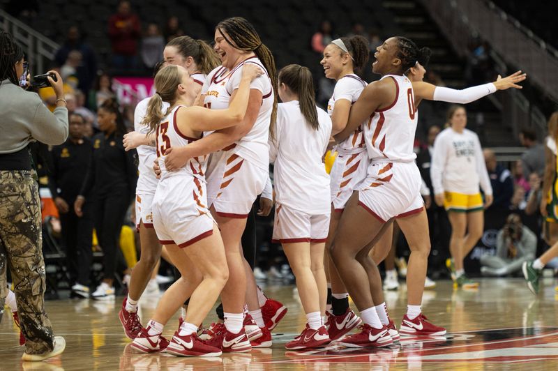 Mar 9, 2024; Kansas City, MO, USA; Iowa State Cyclones players celebrate after defeating the Baylor Lady Bears during the second half at T-Mobile Center. Mandatory Credit: Amy Kontras-USA TODAY Sports