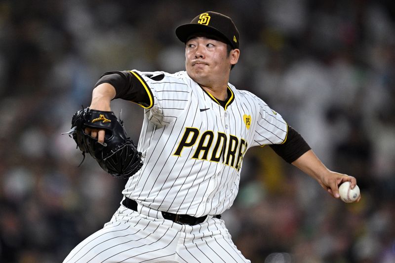 Jul 6, 2024; San Diego, California, USA; San Diego Padres relief pitcher Yuki Matsui (1) pitches against the Arizona Diamondbacks during the seventh inning at Petco Park. Mandatory Credit: Orlando Ramirez-USA TODAY Sports