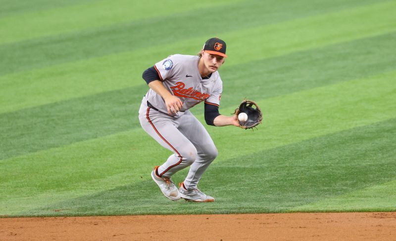 Jul 21, 2024; Arlington, Texas, USA;  Baltimore Orioles shortstop Gunnar Henderson (2) fields the ball during the third inning against the Texas Rangers at Globe Life Field. Mandatory Credit: Kevin Jairaj-USA TODAY Sports