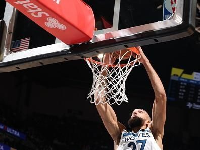 MINNEAPOLIS, MN - NOVEMBER 30: Rudy Gobert #27 of the Minnesota Timberwolves dunks the ball during the game against the Utah Jazz on November 30, 2023 at Target Center in Minneapolis, Minnesota. NOTE TO USER: User expressly acknowledges and agrees that, by downloading and or using this Photograph, user is consenting to the terms and conditions of the Getty Images License Agreement. Mandatory Copyright Notice: Copyright 2023 NBAE (Photo by David Sherman/NBAE via Getty Images)