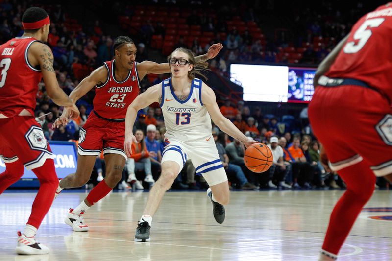 Feb 1, 2024; Boise, Idaho, USA; Boise State Broncos forward Andrew Meadow (13) during the second half against the Fresno State Bulldogs at ExtraMile Arena. Boise State defeats Fresno State 90-66. Mandatory Credit: Brian Losness-USA TODAY Sports
