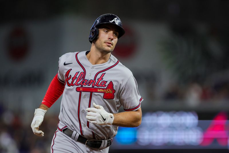 Sep 16, 2023; Miami, Florida, USA; Atlanta Braves first baseman Matt Olson (28) circles the bases after hitting a home run against the Miami Marlins during the sixth inning at loanDepot Park. Mandatory Credit: Sam Navarro-USA TODAY Sports