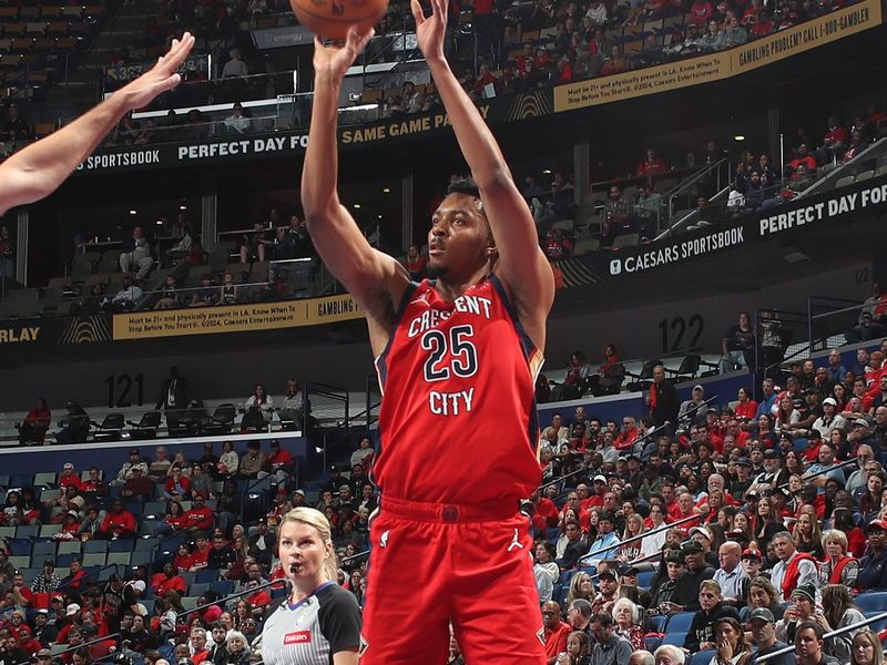 NEW ORLEANS, LA - NOVEMBER 15: Trey Murphy III #25 of the New Orleans Pelicans three point basket during the game against the Denver Nuggets during the Emirates NBA Cup game on November 15, 2024 at the Smoothie King Center in New Orleans, Louisiana. NOTE TO USER: User expressly acknowledges and agrees that, by downloading and or using this Photograph, user is consenting to the terms and conditions of the Getty Images License Agreement. Mandatory Copyright Notice: Copyright 2024 NBAE (Photo by Layne Murdoch Jr./NBAE via Getty Images)