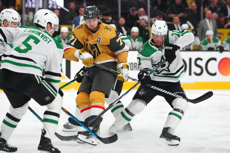 May 3, 2024; Las Vegas, Nevada, USA; Dallas Stars center Ty Dellandrea (10) ties up the stick of Vegas Golden Knights center William Karlsson (71) during the first period of game six of the first round of the 2024 Stanley Cup Playoffs at T-Mobile Arena. Mandatory Credit: Stephen R. Sylvanie-USA TODAY Sports