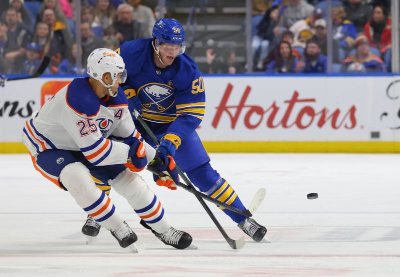 Mar 9, 2024; Buffalo, New York, USA;  Edmonton Oilers defenseman Darnell Nurse (25) shoots the puck up ice as Buffalo Sabres left wing Eric Robinson (50) defends during the second period at KeyBank Center. Mandatory Credit: Timothy T. Ludwig-USA TODAY Sports