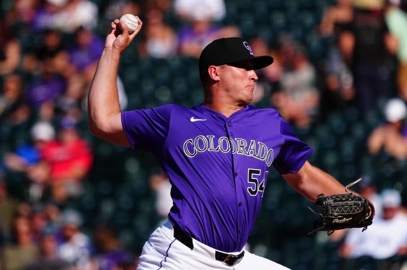 Sep 26, 2024; Denver, Colorado, USA; Colorado Rockies relief pitcher Seth Halvorsen (54) delivers a pitch in the ninth inning against the St. Louis Cardinals at Coors Field. Mandatory Credit: Ron Chenoy-Imagn Images