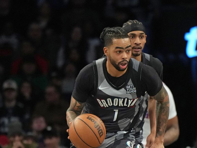 BROOKLYN, NY - FEBRUARY 12: D'Angelo Russell #1 of the Brooklyn Nets dribbles the ball during the game against the Philadelphia 76ers on February 12, 2025 at Barclays Center in Brooklyn, New York. NOTE TO USER: User expressly acknowledges and agrees that, by downloading and or using this Photograph, user is consenting to the terms and conditions of the Getty Images License Agreement. Mandatory Copyright Notice: Copyright 2025 NBAE (Photo by Jesse D. Garrabrant/NBAE via Getty Images)