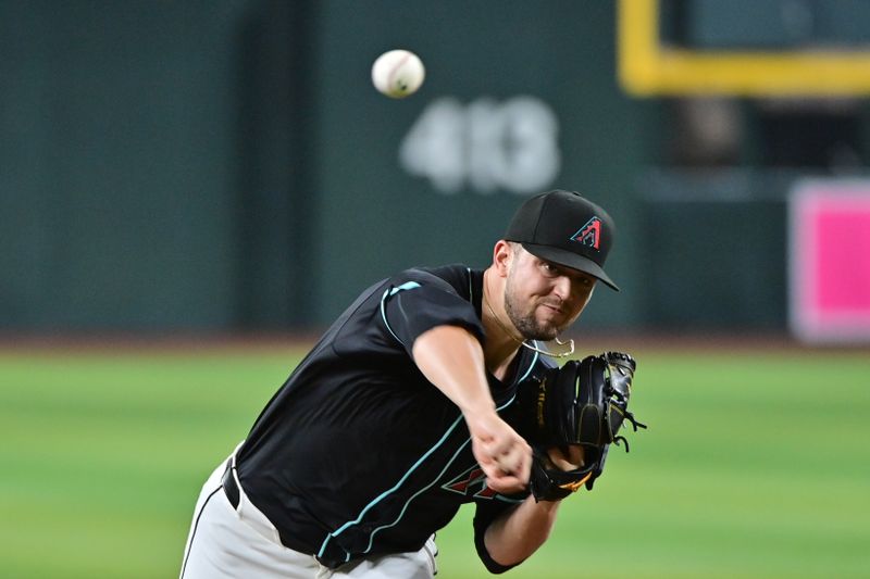 Jul 10, 2024; Phoenix, Arizona, USA;  Arizona Diamondbacks pitcher Slade Cecconi (43) throws in the first inning against the Atlanta Braves at Chase Field. Mandatory Credit: Matt Kartozian-USA TODAY Sports