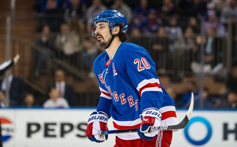 Mar 22, 2025; New York, New York, USA; New York Rangers left wing Chris Kreider (20) during the first period against the Vancouver Canucks at Madison Square Garden. Mandatory Credit: Danny Wild-Imagn Images