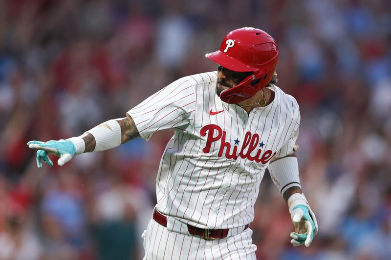 Aug 27, 2024; Philadelphia, Pennsylvania, USA; Philadelphia Phillies outfielder Nick Castellanos (8) reacts after hitting a three RBI home run during the third inning against the Houston Astros at Citizens Bank Park. Mandatory Credit: Bill Streicher-USA TODAY Sports