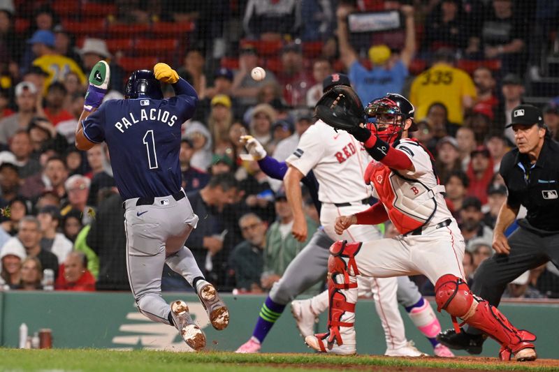 May 15, 2024; Boston, Massachusetts, USA; Tampa Bay Rays right fielder Richie Palacios (1) scores a run against the Boston Red Sox during the sixth inning at Fenway Park. Mandatory Credit: Eric Canha-USA TODAY Sports