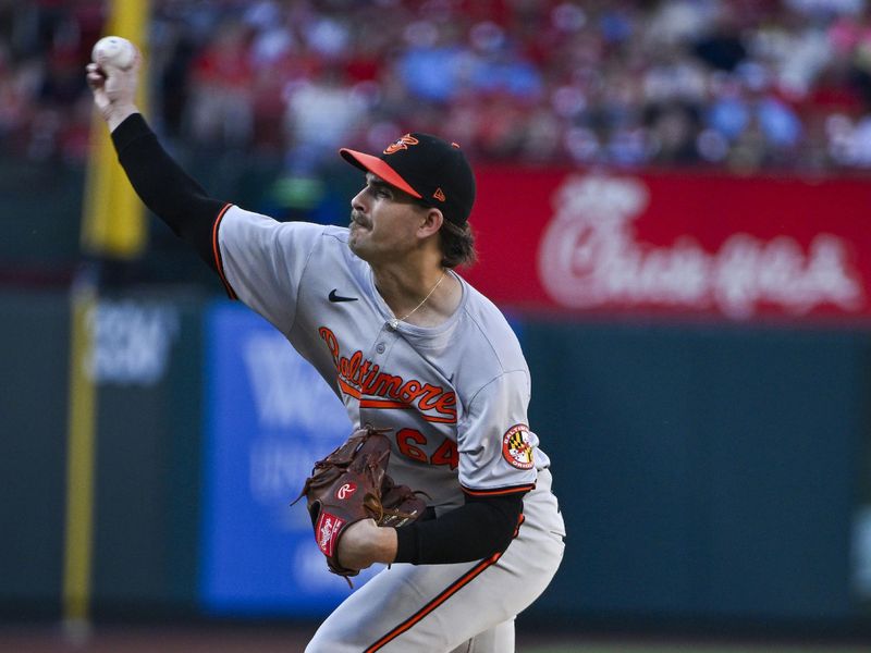 May 20, 2024; St. Louis, Missouri, USA;  Baltimore Orioles starting pitcher Dean Kremer (64) pitches against the St. Louis Cardinals during the first inning at Busch Stadium. Mandatory Credit: Jeff Curry-USA TODAY Sports