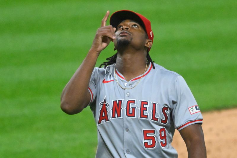 May 3, 2024; Cleveland, Ohio, USA; Los Angeles Angels starting pitcher Jose Soriano (59) reacts in the fifth inning against the Cleveland Guardians at Progressive Field. Mandatory Credit: David Richard-USA TODAY Sports