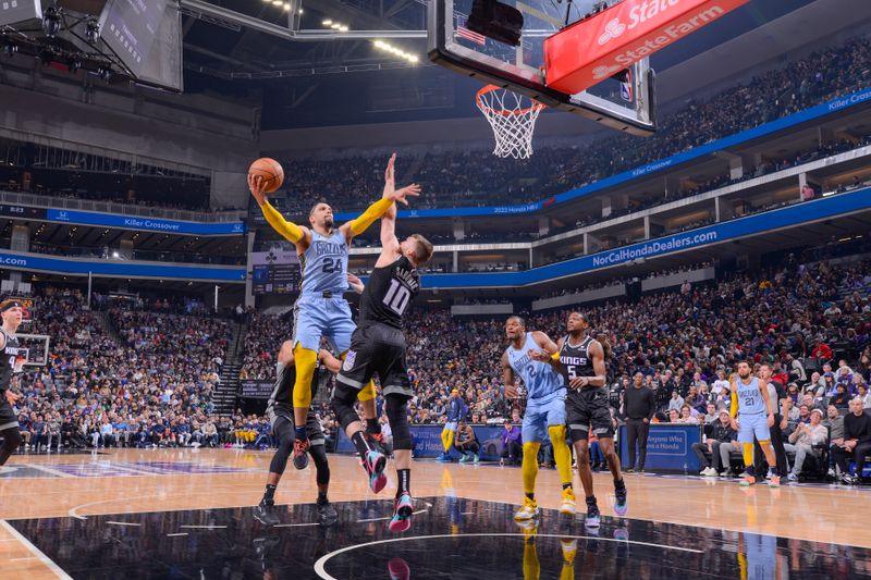 SACRAMENTO, CA - JANUARY 23:  Dillon Brooks #24 of the Memphis Grizzlies drives to the basket during the game against the  Sacramento Kings on January 23, 2023 at Golden 1 Center in Sacramento, California. NOTE TO USER: User expressly acknowledges and agrees that, by downloading and or using this Photograph, user is consenting to the terms and conditions of the Getty Images License Agreement. Mandatory Copyright Notice: Copyright 2023 NBAE (Photo by Rocky Widner/NBAE via Getty Images)