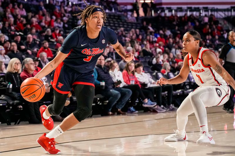 Jan 21, 2024; Athens, Georgia, USA; Ole Miss Rebels guard Kennedy Todd-Williams (3) dribbles past Georgia Bulldogs guard Chloe Chapman (1) at Stegeman Coliseum. Mandatory Credit: Dale Zanine-USA TODAY Sports