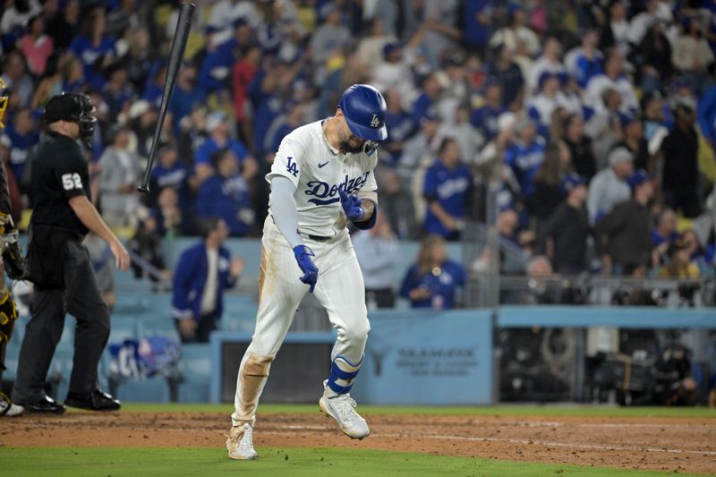 Sep 26, 2024; Los Angeles, California, USA;  Los Angeles Dodgers center fielder Andy Pages (44) celebrates as he runs the bases after hitting a two-run home run off San Diego Padres relief pitcher Bryan Hoeing (78) in the seventh inning at Dodger Stadium. Mandatory Credit: Jayne Kamin-Oncea-Imagn Images