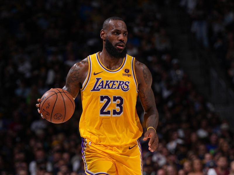 DENVER, CO - APRIL 22: LeBron James #23 of the Los Angeles Lakers handles the ball during the game against the Denver Nuggets on April 22, 2024 at the Ball Arena in Denver, Colorado. NOTE TO USER: User expressly acknowledges and agrees that, by downloading and/or using this Photograph, user is consenting to the terms and conditions of the Getty Images License Agreement. Mandatory Copyright Notice: Copyright 2024 NBAE (Photo by Bart Young/NBAE via Getty Images)