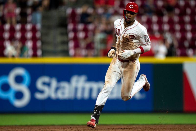 Sep 6, 2023; Cincinnati, Ohio, USA; Cincinnati Reds right fielder Will Benson (30) rounds second base after hitting a solo home run in the ninth inning of the MLB baseball game between the Cincinnati Reds and the Seattle Mariners at Great American Ball Park. Mandatory Credit: Albert Cesare-USA TODAY Sports