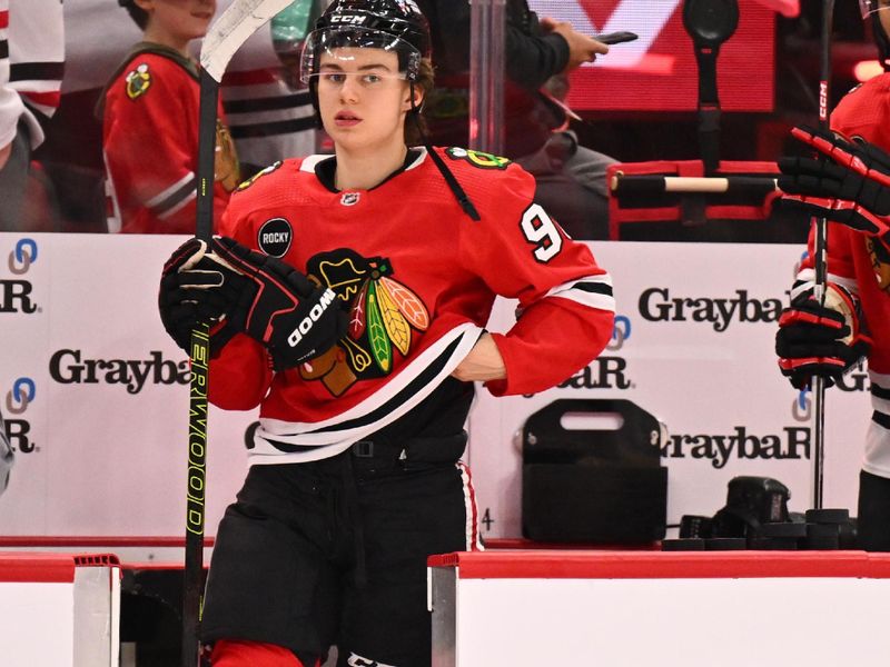 Dec 7, 2023; Chicago, Illinois, USA; Chicago Blackhawks forward Connor Bedard (98) takes the ice for pregame warm ups before a game against the Anaheim Ducks at United Center. Mandatory Credit: Jamie Sabau-USA TODAY Sports