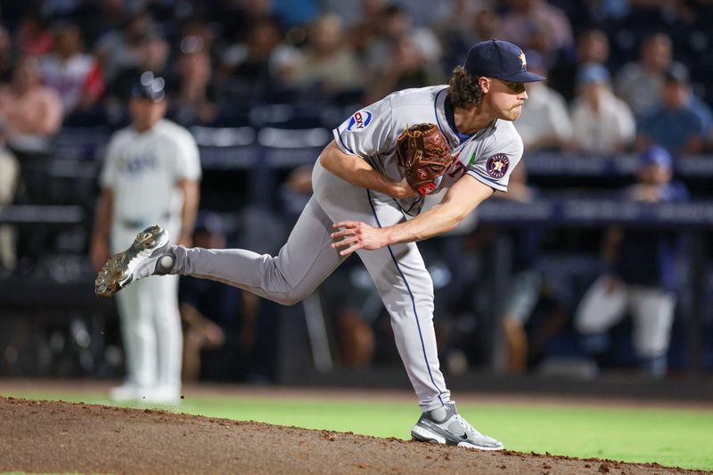 May 19, 2025; Tampa, Florida, USA; Houston Astros pitcher Bryan King (74) throws a pitch against the Tampa Bay Rays in the sixth inning at George M. Steinbrenner Field. Mandatory Credit: Nathan Ray Seebeck-Imagn Images