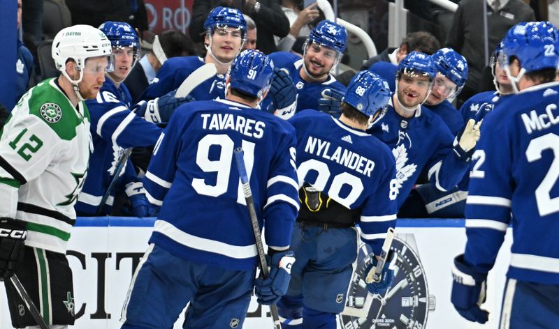 Feb 7, 2024; Toronto, Ontario, CAN; Toronto Maple Leafs forward William Nylander (88) is greeted by team mates at the bench after scoring against the Dallas Stars in the third period at Scotiabank Arena. Mandatory Credit: Dan Hamilton-USA TODAY Sports