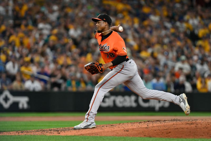 Aug 12, 2023; Seattle, Washington, USA; Baltimore Orioles relief pitcher Yennier Cano (78) pitches to the Seattle Mariners during the eighth inning at T-Mobile Park. Mandatory Credit: Steven Bisig-USA TODAY Sports