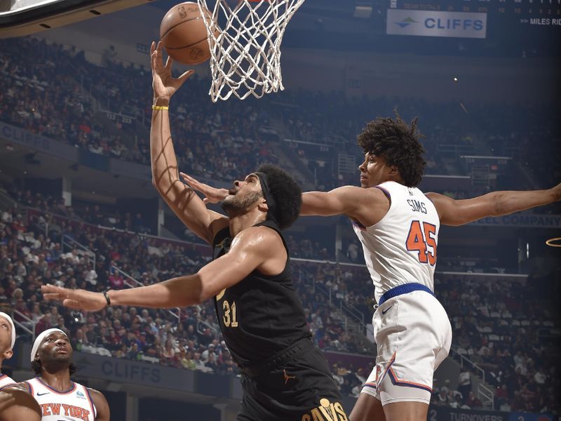 CLEVELAND, OH - MARCH 3:  Jarrett Allen #31 of the Cleveland Cavaliers goes to the basket during the game on March 3, 2024 at Rocket Mortgage FieldHouse in Cleveland, Ohio. NOTE TO USER: User expressly acknowledges and agrees that, by downloading and/or using this Photograph, user is consenting to the terms and conditions of the Getty Images License Agreement. Mandatory Copyright Notice: Copyright 2024 NBAE (Photo by David Liam Kyle/NBAE via Getty Images)