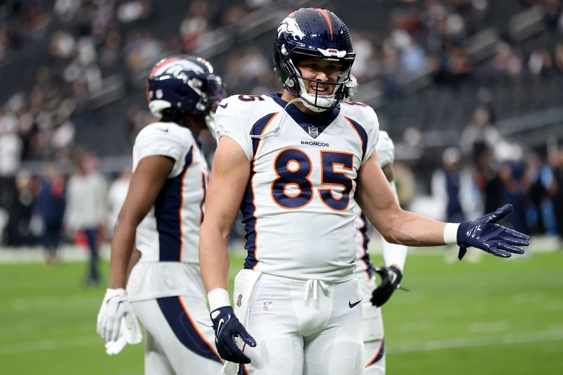 Denver Broncos tight end Lucas Krull celebrates during an NFL football game against the Las Vegas Raiders Sunday, Jan. 7, 2024, in Las Vegas. (AP Photo/Ellen Schmidt)