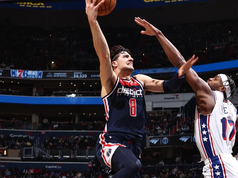 WASHINGTON, DC -? FEBRUARY 10: Deni Avdija #8 of the Washington Wizards drives to the basket during the game against the Philadelphia 76ers on February 10, 2024 at Capital One Arena in Washington, DC. NOTE TO USER: User expressly acknowledges and agrees that, by downloading and or using this Photograph, user is consenting to the terms and conditions of the Getty Images License Agreement. Mandatory Copyright Notice: Copyright 2024 NBAE (Photo by Kenny Giarla/NBAE via Getty Images)