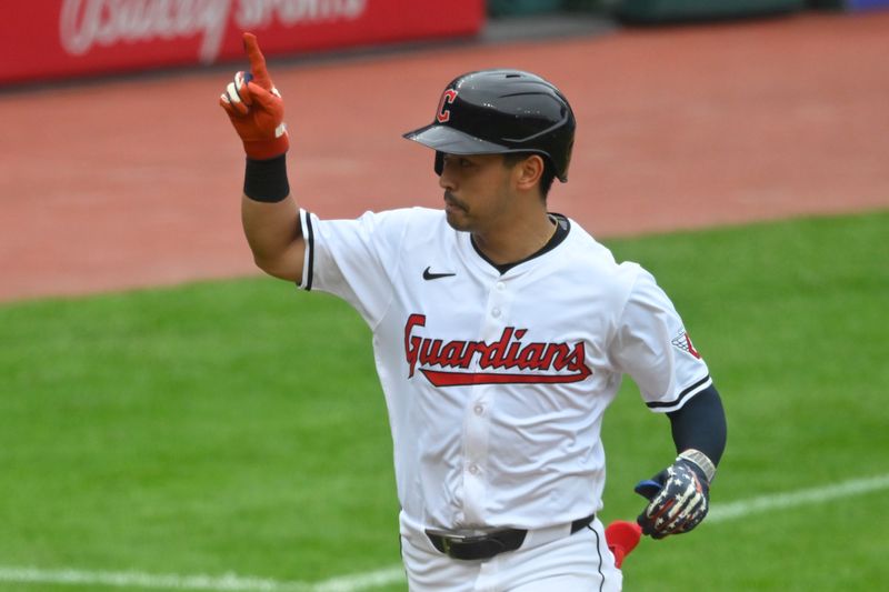 Jul 4, 2024; Cleveland, Ohio, USA; Cleveland Guardians left fielder Steven Kwan (38) celebrates his solo home run in the third inning against the Chicago White Sox at Progressive Field. Mandatory Credit: David Richard-USA TODAY Sports