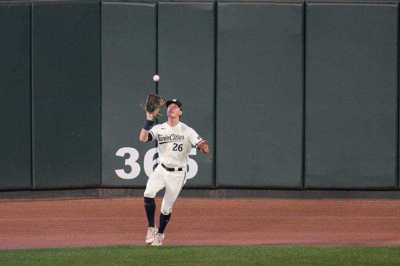 Oct 11, 2023; Minneapolis, Minnesota, USA; Minnesota Twins right fielder Max Kepler (26) makes a catch for an out in the fourth inning against the Houston Astros during game four of the ALDS for the 2023 MLB playoffs at Target Field. Mandatory Credit: Matt Blewett-USA TODAY Sports