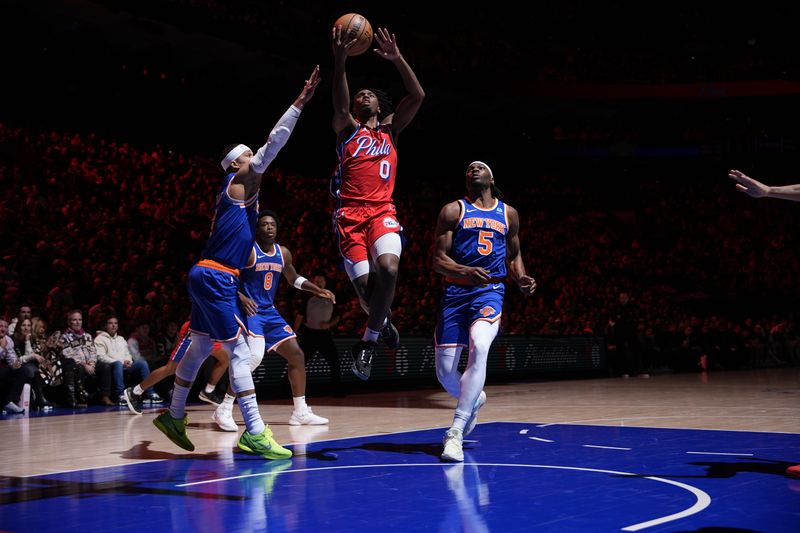 PHILADELPHIA, PA - JANUARY 5: Tyrese Maxey #0 of the Philadelphia 76ers drives to the basket during the game against the New York Knicks on January 5, 2024 at the Wells Fargo Center in Philadelphia, Pennsylvania NOTE TO USER: User expressly acknowledges and agrees that, by downloading and/or using this Photograph, user is consenting to the terms and conditions of the Getty Images License Agreement. Mandatory Copyright Notice: Copyright 2024 NBAE (Photo by Jesse D. Garrabrant/NBAE via Getty Images)