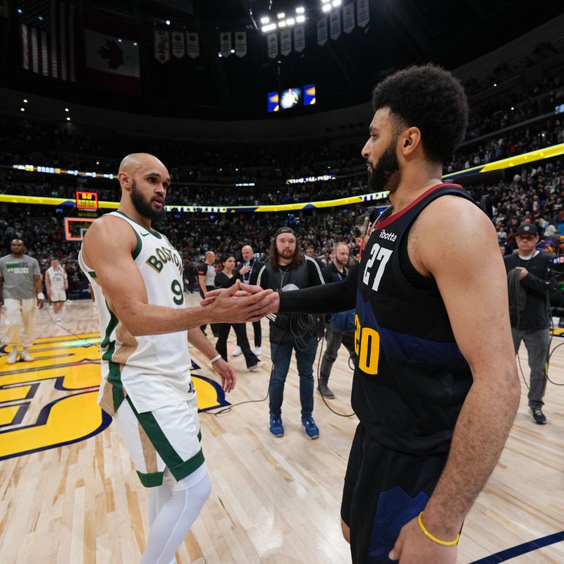 DENVER, CO - MARCH 7: Derrick White #9 of the Boston Celtics high fives  Jamal Murray #27 of the Denver Nuggets after the game on March 7, 2024 at the Ball Arena in Denver, Colorado. NOTE TO USER: User expressly acknowledges and agrees that, by downloading and/or using this Photograph, user is consenting to the terms and conditions of the Getty Images License Agreement. Mandatory Copyright Notice: Copyright 2024 NBAE (Photo by Bart Young/NBAE via Getty Images)